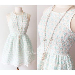 Ivory Blue Floral Embroidery Scallop Skater Dress